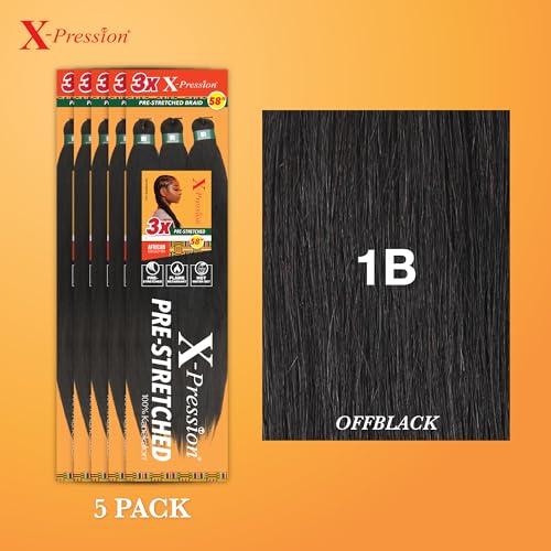 Pre-Stretched Synthetic Braiding Hair Extensions 3X 58in - 5 Pack, Off Black
