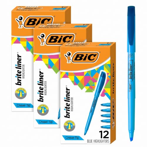 BIC Brite Liner Blue Highlighters Pack of 12 with Chisel Tip – Ideal for Office & School