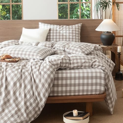 MooMee Buffalo Plaid Tannish Linen Grey King Duvet Cover Set, 3 Pieces