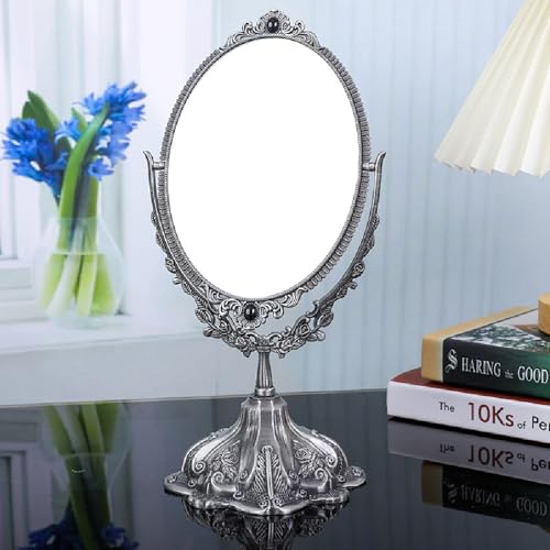 Guppy 15 inch Metal Vintage Makeup Mirror, Tabletop Oval Cosmetic Mirror, Vintage Swivel Double Sided Cosmetic Mirror with Embossed Frame Stand Base, Retro Mirror for Dresser Gift-Silver