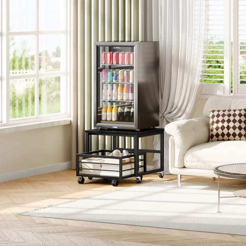 Black Mini Fridge Stand with Storage and Wheels - Adjustable Feet, Sturdy Metal Frame