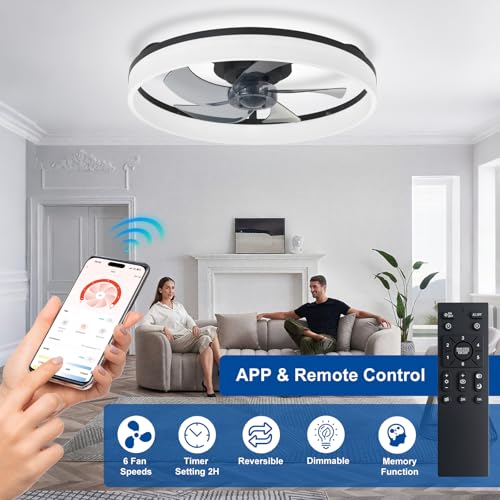 Black 20-Inch Bladeless Ceiling Fan with Light - Modern Flush Mount Fandelier with App & Remote