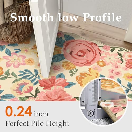 Scalloped Beige Floral Area Rug 8x10 - Washable Vintage Carpet for Living Room