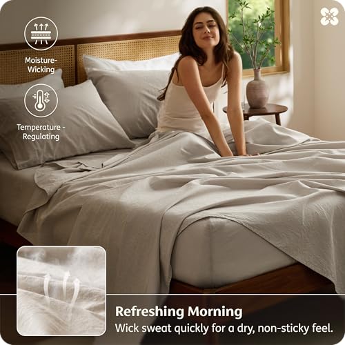 Queen Linen Beige Bed Sheets Set - Breathable Cotton-Linen Blend, 4 Pieces