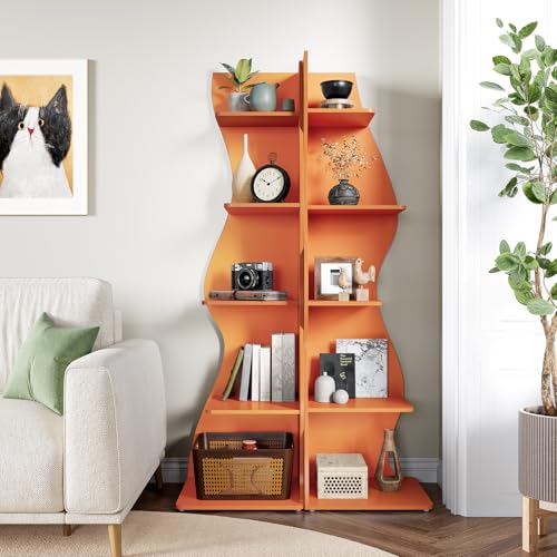 LITTLE TREE Small Corner Shelf - 5-Tier Wall Wavy Bookshelf in Orange, Space-Saving Modern Design