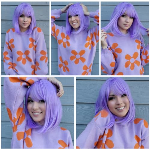 Purple Bob Wig with Bangs - 12 Inch Short Lavender Synthetic Wig for Women