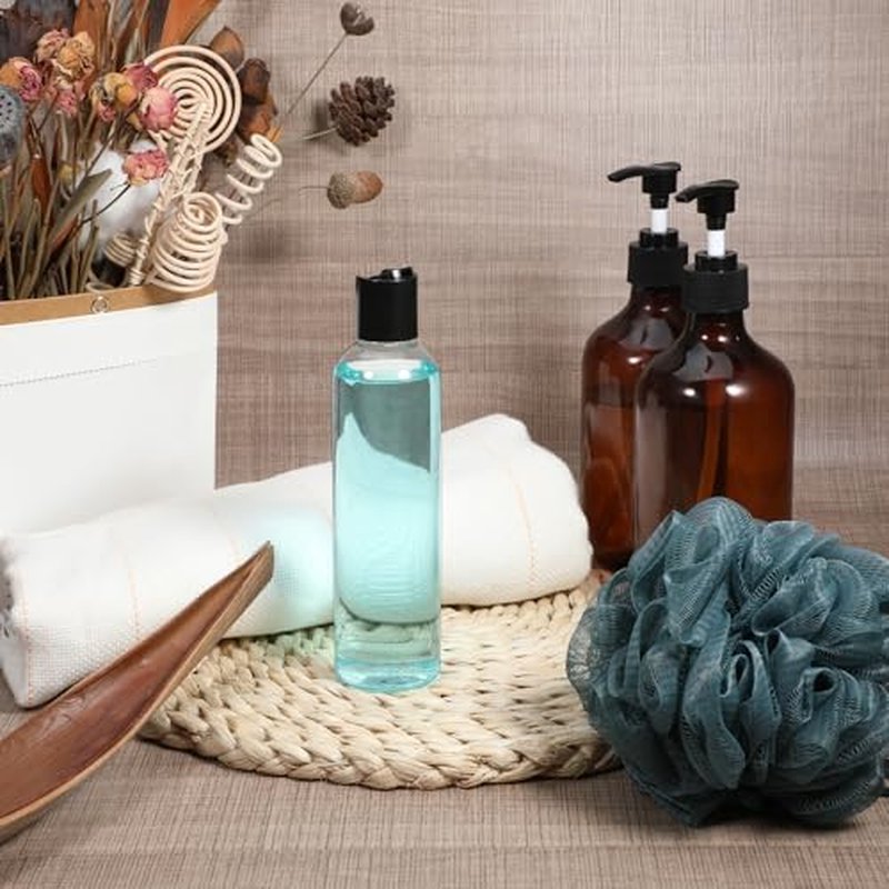 24 Pcs Refillable Shampoo Travel Bottles Travel Squeeze Bottle 8 oz Plastic Bottles with Black Disc Cap Clear Squeeze Containers for Toiletries Shampoo Lotion Body Soap Cream