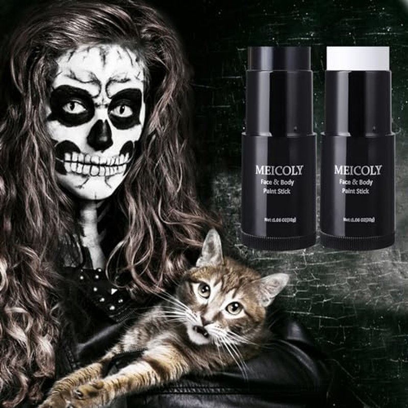 MEICOLY Black White Face Body Paint Stick Set with Sponges and Setting Powder,Face Paint Stick for Adults and Kids,Clown White Makeup,Face Painting for Halloween SFX Skull Zombie Skeleton Goth Makeup