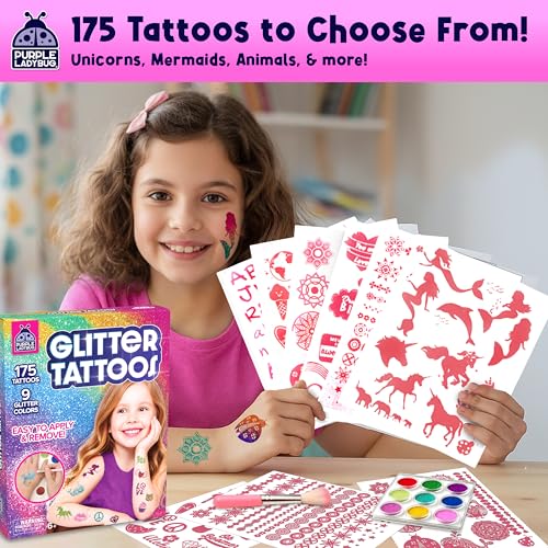 PURPLE LADYBUG 175-Piece Temporary Glitter Tattoos Kit for Kids & Teens - Easter Valentines Gifts for 6 7 8 9 10-12 Year Old Girl Birthday, Craft for Girls 8-12, Ideal Easter Basket Essential