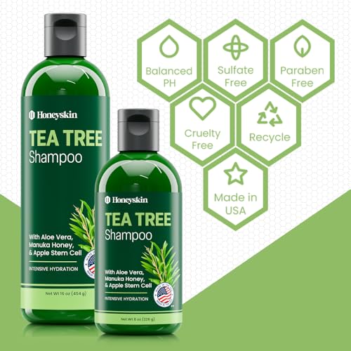 Honeyskin Organic Tea Tree & Mint Shampoo 16oz - Hydrating Sulfate-Free Hair Care