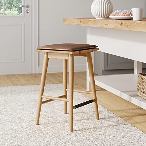 Light Brown Counter Height Wood Bar Stool with Leather Removable Cushion - 24 Inch