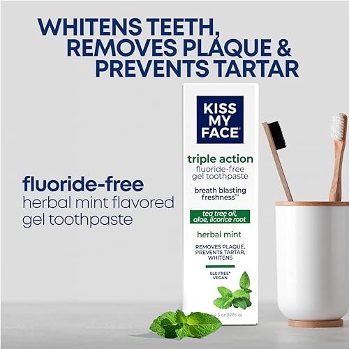 Kiss My Face Triple Action Herbal Mint Toothpaste Gel 6 Pack - Natural Whitening & Tartar Control, Fluoride-Free