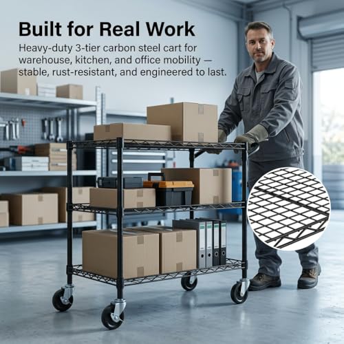 Heavy Duty 3-Tier Utility Cart - 36L x 18W x 35.4H Steel Wire Rolling Cart with Handle, Black