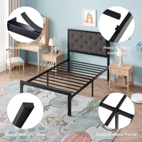 Twin Size Metal Bed Frame with Linen Tufted Headboard - Dark Gray - SHA CERLIN