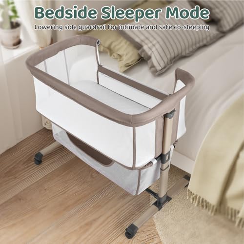 Cowiewie Bassinet Bedside Sleeper Khaki - Breathable, Adjustable Baby Crib