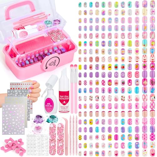 480 Pcs Kids Nails and Glue, Girls Press ons Nail Art Kit with Storage Case, Fake Nails Adhesive, Remover, Stickers, Glitter Cute Stuff Gift for Girls 8-12
