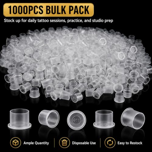 Large 1000pcs Disposable Tattoo Ink Caps with Wide Flat Base - Clear, Spill-Proof, Professional Supplies