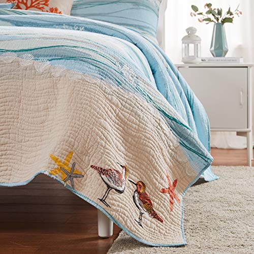 Greenland Home Maui Coastal Quilt Set Full/Queen Blue Embroidered Beach Design