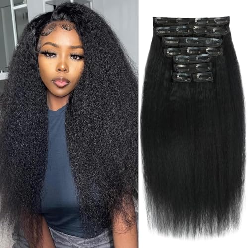 22 Inch Kinky Straight Clip-In Hair Extensions - Natural Black Brazilian Human Hair, Full Head 8pcs