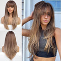Ombre Light Brown Long Straight Wig with Bangs - Synthetic Cosplay & Daily Use, 26"