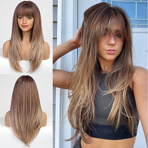 Ombre Light Brown Long Straight Wig with Bangs - Synthetic Cosplay & Daily Use, 26"