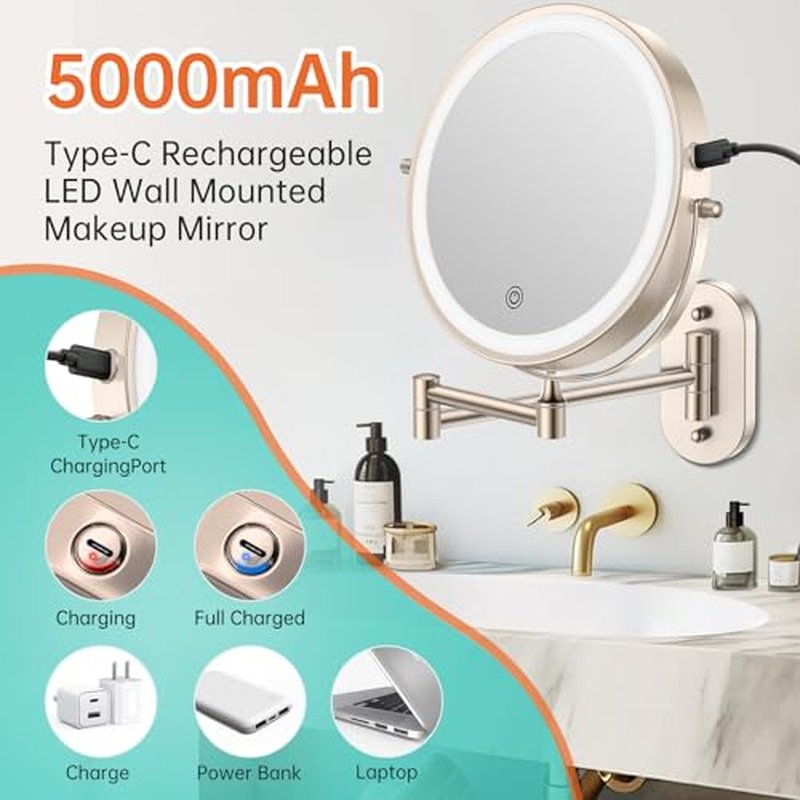 5000mAh Rechargeable Wall Mounted Lighted Makeup Vanity Mirror, Double Sided 1X 30X Magnifying Bathroom Mirror, 3 Color Lighting, Touch Screen Dimming, Extended Arm 360 Rotation Shaving Mirror