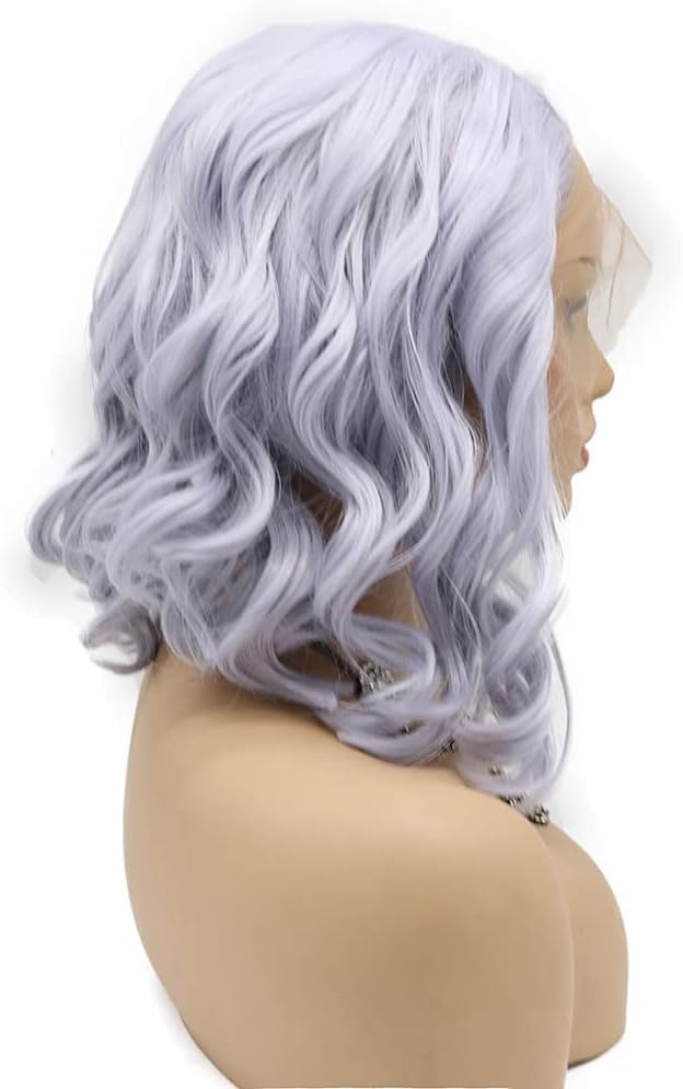 Short Curly Lavender Lace Front Wig 14 Inch Synthetic Heat-Resistant Hair for Women & Drag Queens - Lilac