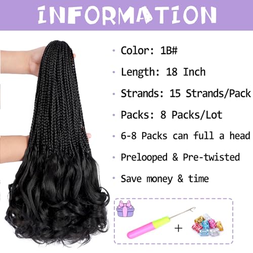 French Curl Crochet Braids 18 Inch Goddess Box Braid Hair - 8 Packs, 1B# Variation