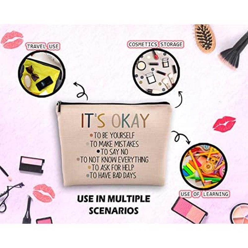 It's Okay to Be Yourself Mental Health Makeup Cosmetic Bag£¬Motivational Self Care Linen Makeup Travel Toiletry Bag, Boho Inspirational Art Cosmetic Bag Gifts For Teen Girls Teens Counselor