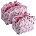 Quilted Pink Rose Makeup Bag Set of 2, Ruffled Cotton Cute Floral Pouches, Large & Small Coquette Pouch for Purse, Travel Cosmetic Organizer Bags, Aesthetic Toiletry Bag, Girly Gifts Women Teen Girls
