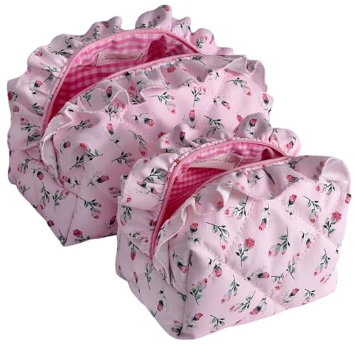 Quilted Pink Rose Makeup Bag Set of 2, Ruffled Cotton Cute Floral Pouches, Large & Small Coquette Pouch for Purse, Travel Cosmetic Organizer Bags, Aesthetic Toiletry Bag, Girly Gifts Women Teen Girls