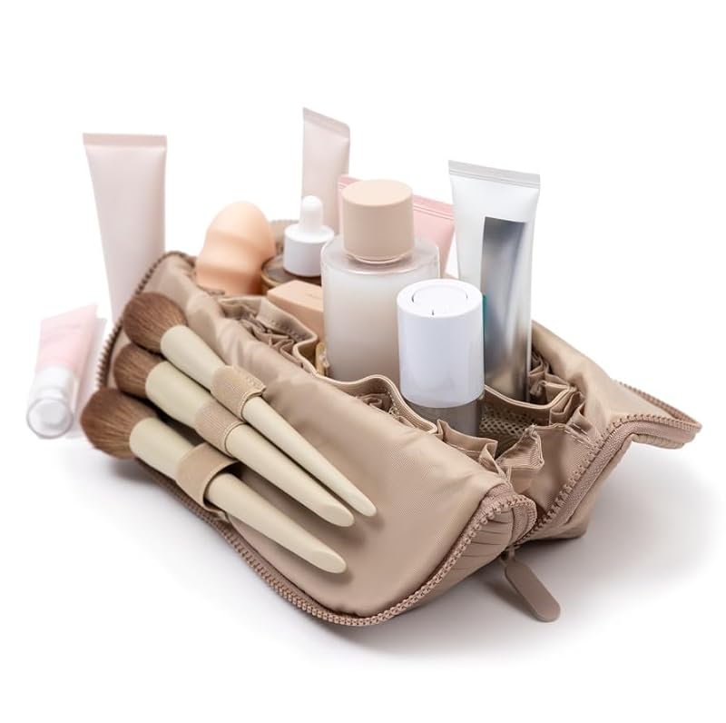 Vertical Waterproof Makeup & Toiletry Bag - 23-Pocket Organizer, Medium, Sandstone
