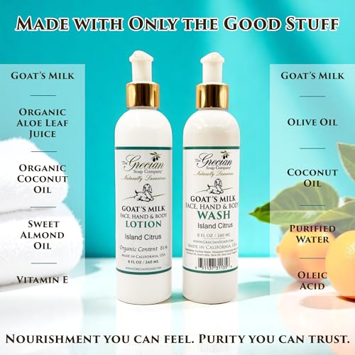 Goat Milk Body Lotion & Face & Body Wash Set - Island Citrus Scent, 8oz Each