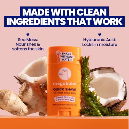 Megababe Quick Shave No-Rinse Shave Stick | Shaving Touch-Ups & Travel Made-Easy | Vacation Essential | with Sea Moss & Hyaluronic Acid | 2.4 oz