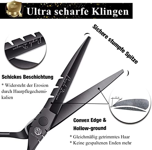 Purple Dragon 5.5 Inch Hair Cutting Shears Set with Bag - Black, Professional Barber Scissors