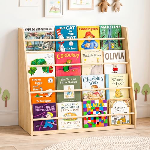 Kids Wooden Bookshelf 4-Tier Montessori Display - Child-Safe Natural Pine