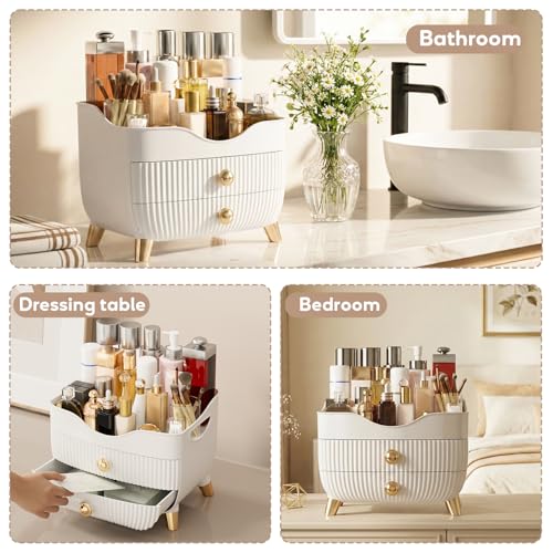 Makeup Organizer Countertop, Large Capacity Skincare Cosmetic Organizer for Vanity with 2 Drawers, Cosmetic Display Cases Makeup Storage Box for Bedroom, Bathroom, Ideal Gifts for Women(White)