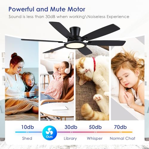 Black 55in RGB Flush Mount Ceiling Fan with Remote & Dimmable Light