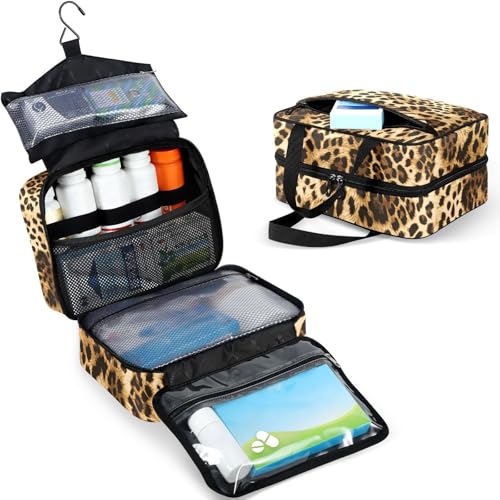 Large Travel Toiletry Bag for Women and Men - Leopard Skin Pattern Hanging Organizer with Pockets, Foldable Cosmetic & Makeup Storage Case