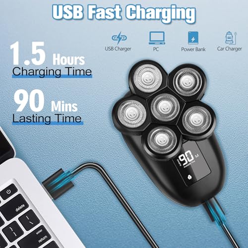 Silver 6-in-1 Electric Head Shaver for Men Waterproof Rotary Razor Kit