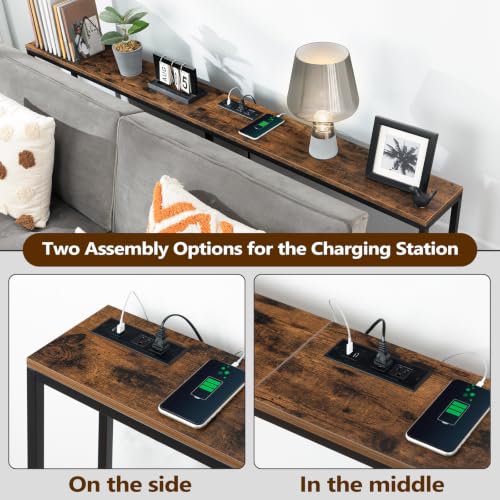 MAHANCRIS Rustic Brown 70.9" Console Table with Charging Station, Slim Entryway Sofa Table with Power Outlets