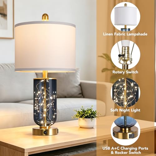 Blue Glass Table Lamps Set of 2 with Night Light and USB Ports - 23 Inch Modern Living Room Decor
