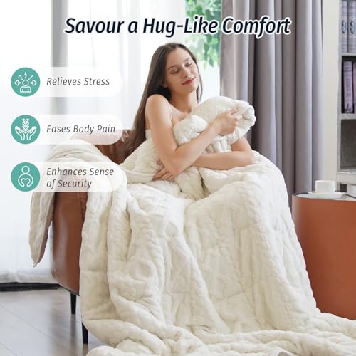 Weighted Blanket for Adults Queen Size 15 lbs Jacquard Cream White - Double-Sided Cozy Sleep