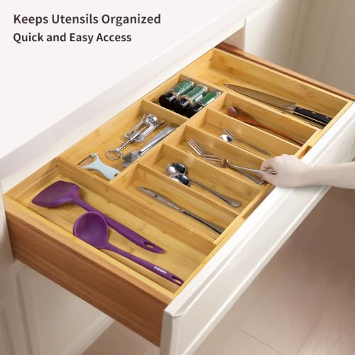 Large Bamboo Drawer Organizer for Kitchen Cutlery & Flatware - Expandable
