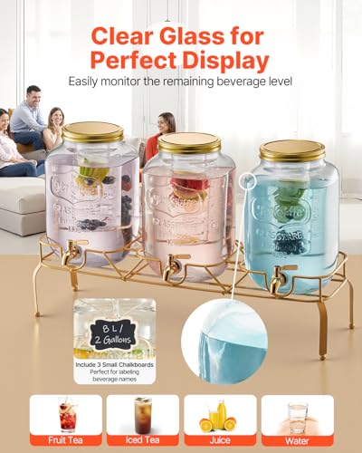 2 Gallon Beverage Dispenser 3 Pack with Metal Stand & Spigot - Glass Drink Dispensers for Parties