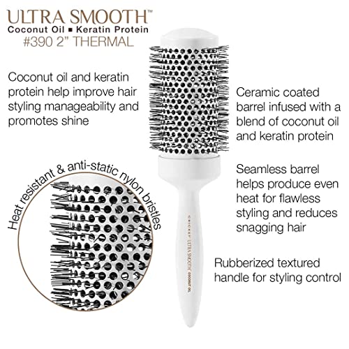 Cricket Ultra Smooth Coconut Thermal Hair Brush ? 2¡± Ceramic Barrel, Coconut Oil and Keratin-Infused, Anti-Static Heat-Resistant Bristles, Textured Handle for Styling All Hair Types