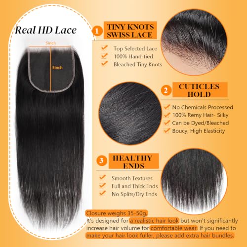 Brazilian Virgin Human Hair Lace Closure 5x5 Transparent HD Light Brown, 16 Inch - Natural Black Variation