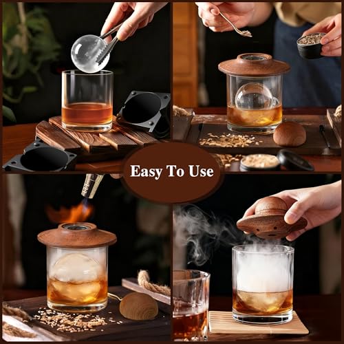 Whiskey Smoker Kit with Torch, 2 Clear Ice Ball Molds & Glasses - Wood Grain Variation