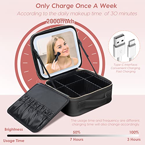 Gdsshuhung Black Makeup Bag with Mirror & LED Light - Travel Cosmetic Organizer
