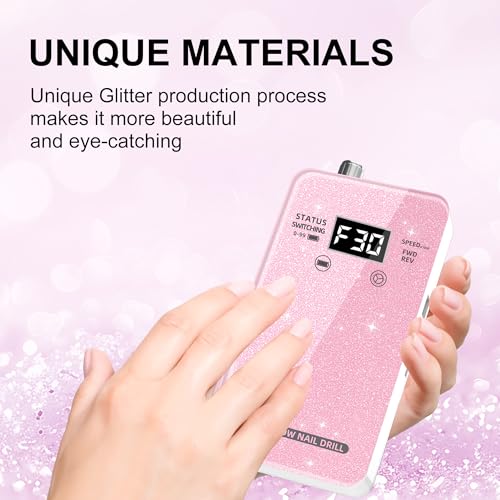 Professional Electric Nail Drill File: COSYGLOW Glitter Portable E-File Nail Drill Kit with11 Drill Bits Pink&Black
